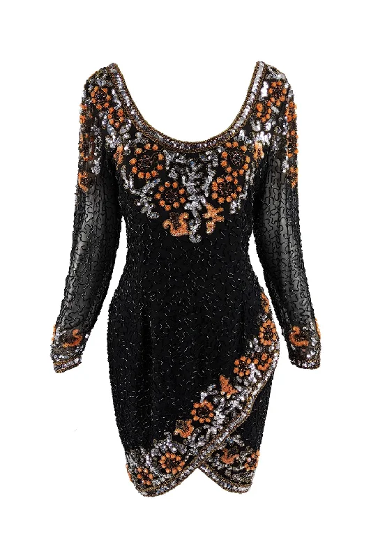 Oleg Cassini Vintage Black & Orange Beaded Sequin Dress, 1980s