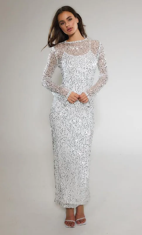 White Long Sleeve Sequin Maxi Dress