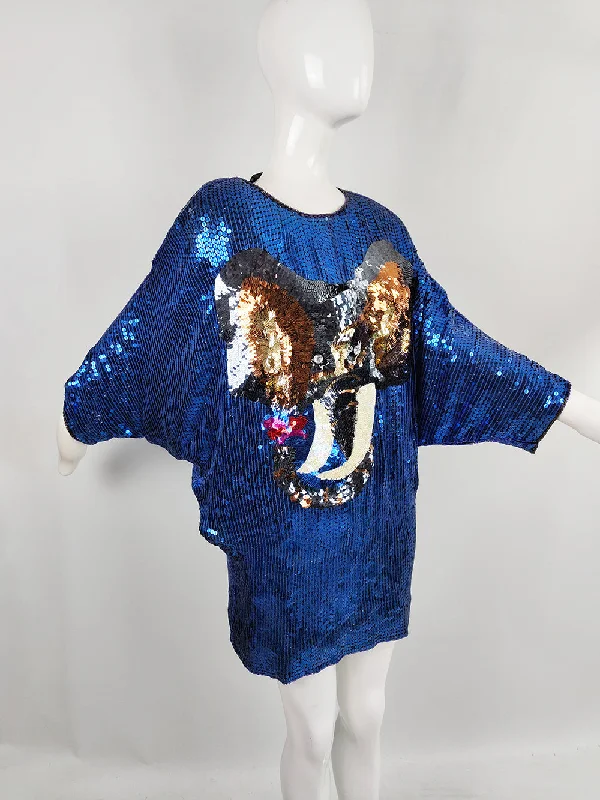 Vintage Blue Sequin Elephant Batwing Mini Dress/ Tunic Top, 1980s