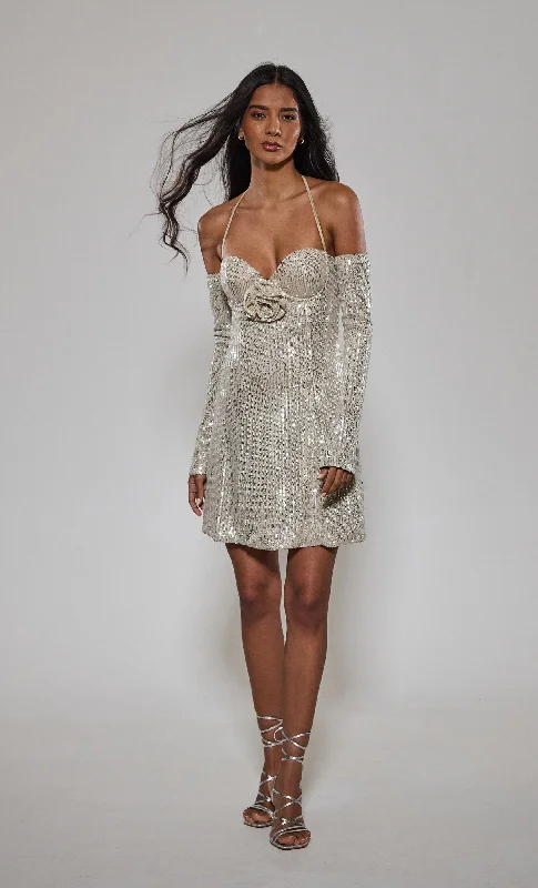 Champagne Sequin Corsage Mini Dress