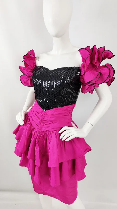 Vintage Magenta Taffeta & Black Sequin 1980s Prom Dress