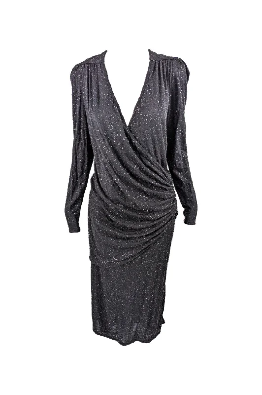 Frank Usher Vintage Black Sequin Glitter Effect Evening Dress, 1980s