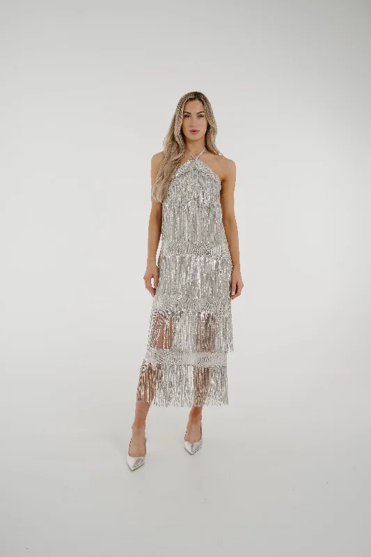 Alana Fringed Sequin Dress In Silver