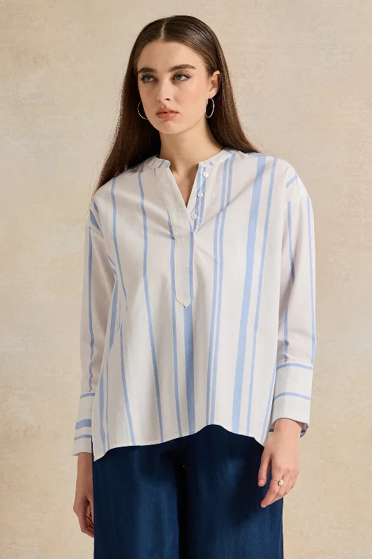 Women White And Blue Striped Blouse