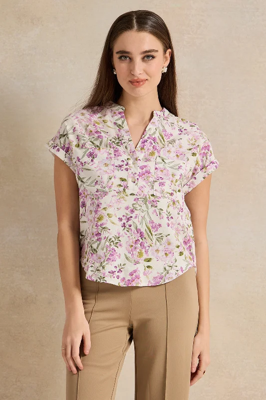 Women White Floral Print Top