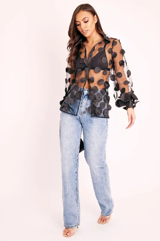 Black Layered Applique Mesh Shirt - Nikkie