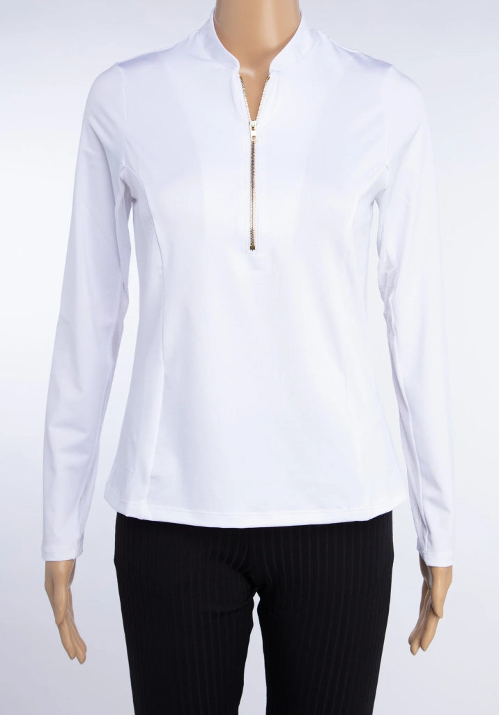 New Amy Sport Katelyn 2.0 Long Sleeved Top Gold Zip - White MSP $140