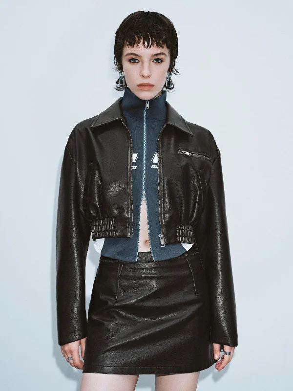 Zipper Front Vegan Leather Jacket