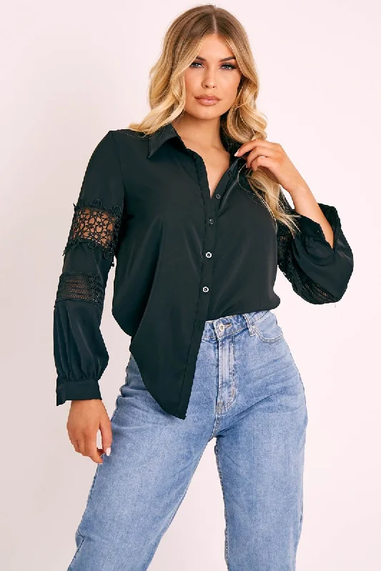 Black Lace Sleeve Button Up Shirt - Eislee