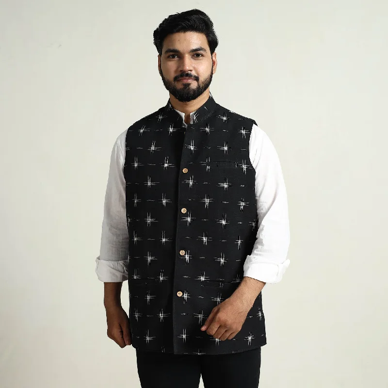 Black - Pochampally Double Ikat Handloom Cotton Men Nehru Jacket 04