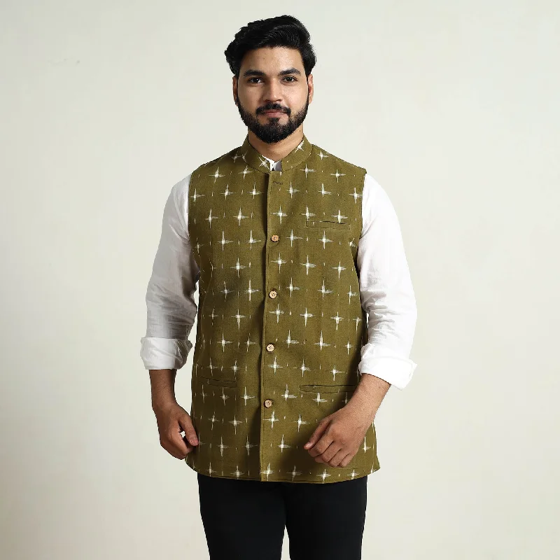 Green - Pochampally Double Ikat Handloom Cotton Men Nehru Jacket 03