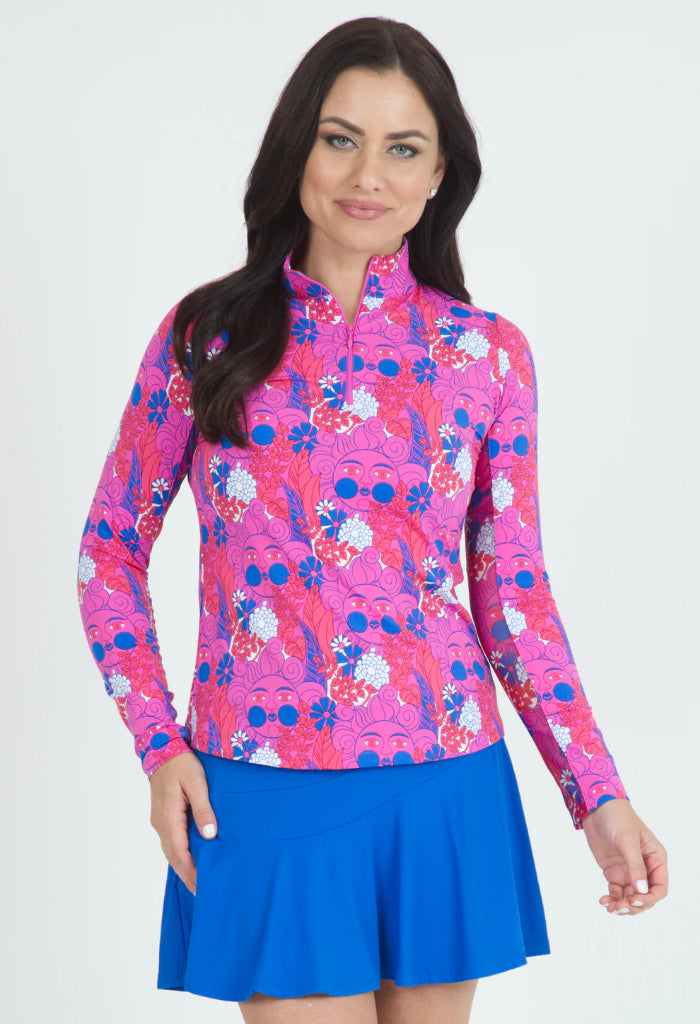 Nadia Print Long Sleeve Mock Neck Top – Hot Pink/Watermelon MSP $100