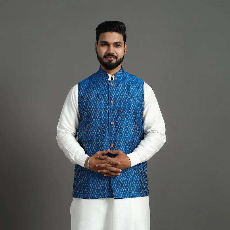 Blue - Silk Cotton Handwoven Pochampally Ikat Nehru Jacket 17