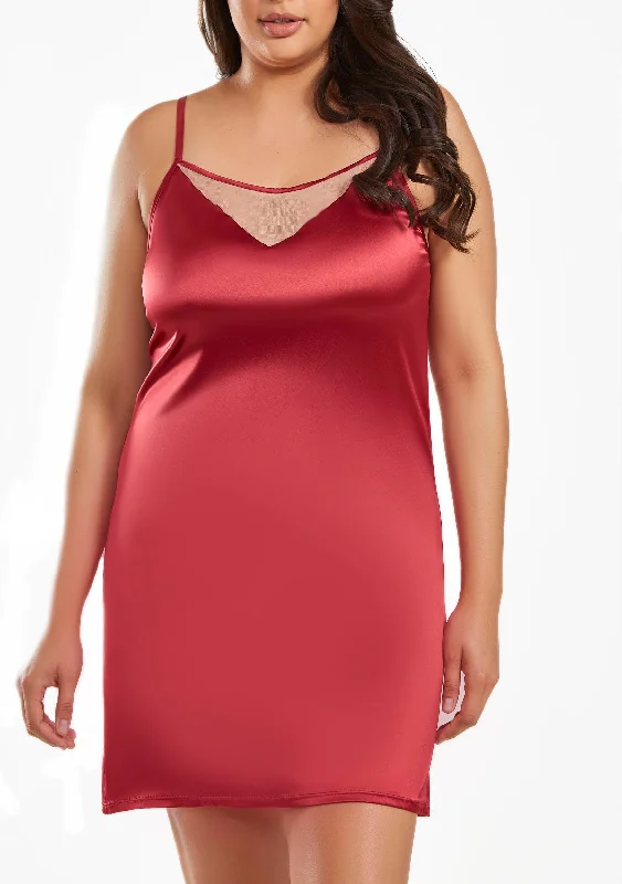 Elea Plus Size Contrast Nude and Burgundy Satin Chemise