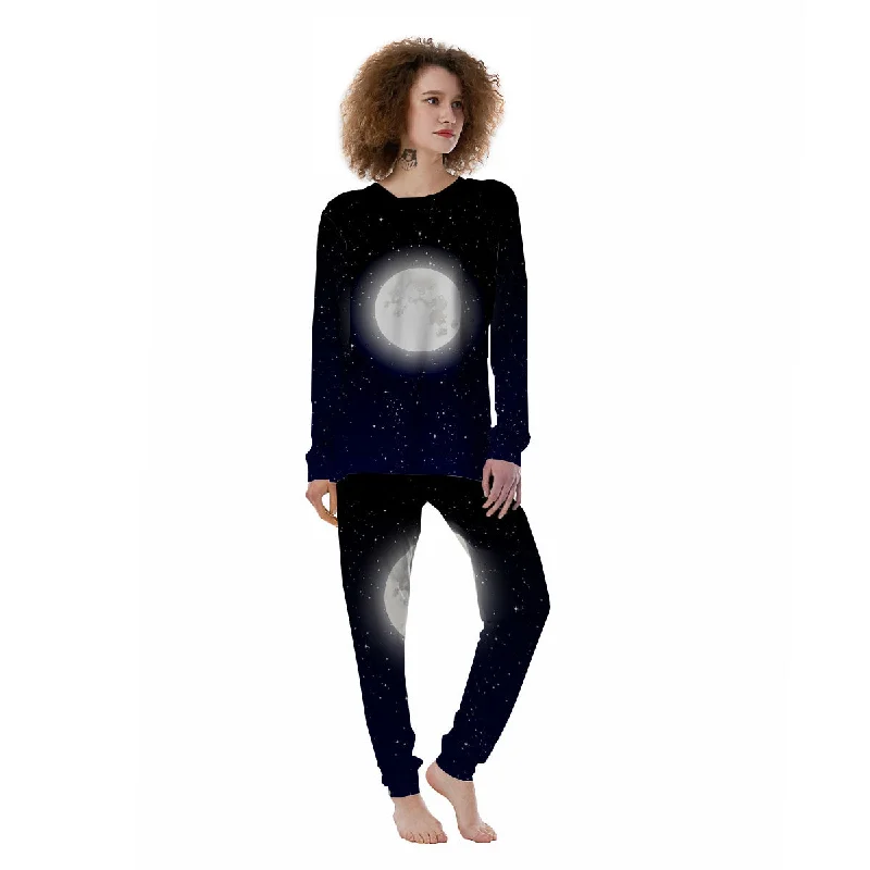 Full Moon And Night Stars Print Women's Pajamas