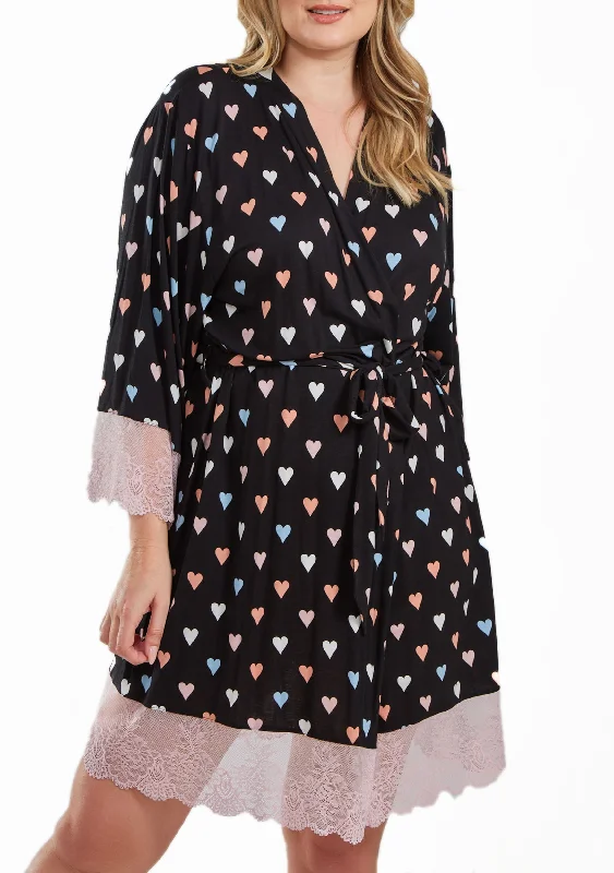 Harmony Viscose Plus Size Hearts Robe Trimmed in Contrast lace with Self Tie Sash