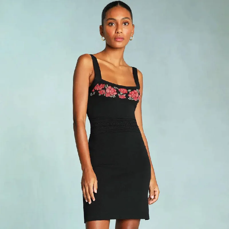 Vintage Square Neck Embroidered Knit Tank Mini Dress - Black