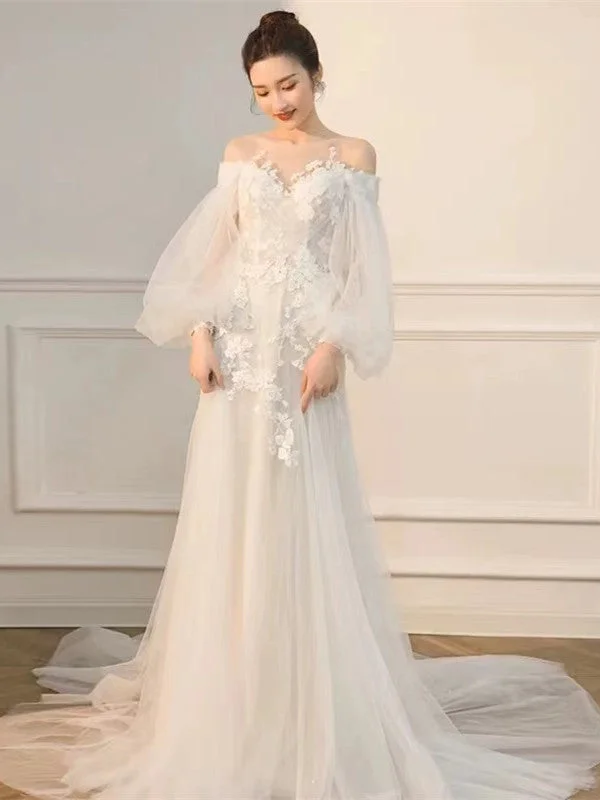 A-line Popular Wedding Gowns, Long Sleeves Lace Bridal Gowns, Newest Wedding Dresses