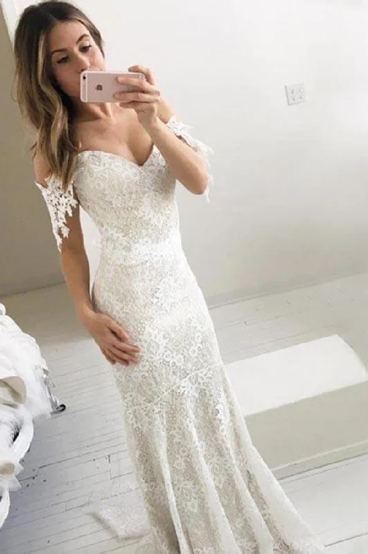 Affordable Off the Shoulder Mermaid Lace Long Wedding Dress Lace Prom Dress N1124