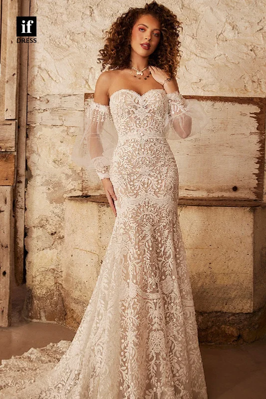 31625 - Charming Off-Shoulder Sweetheart Long Sleeves Boho Wedding Dress