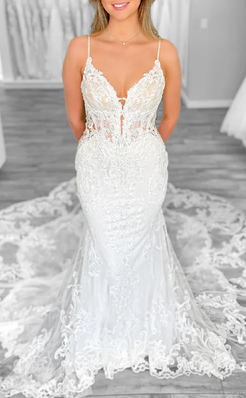 H1708 - Trumpet V-Neck Spaghetti Straps Lace Applique With Train Wedding Dress