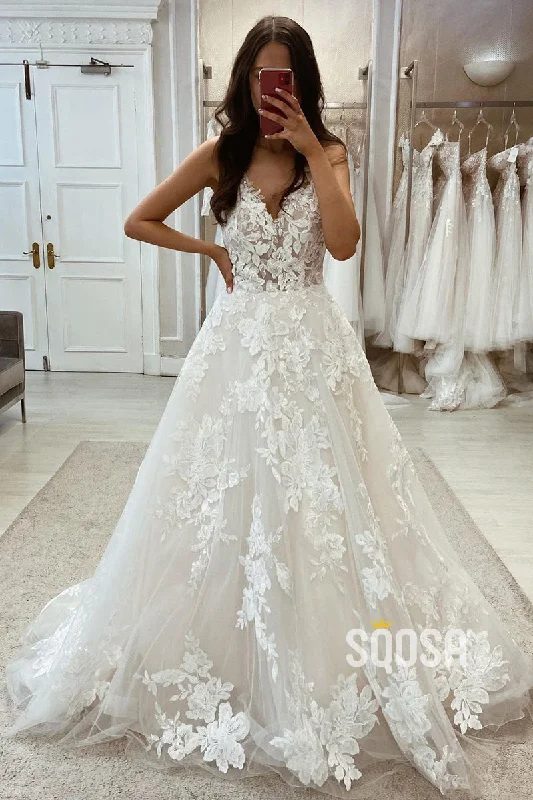 Sexy Tulle A-Line V-Neck Spaghetti Straps Lace Applique With Train Wedding Dress QW8110