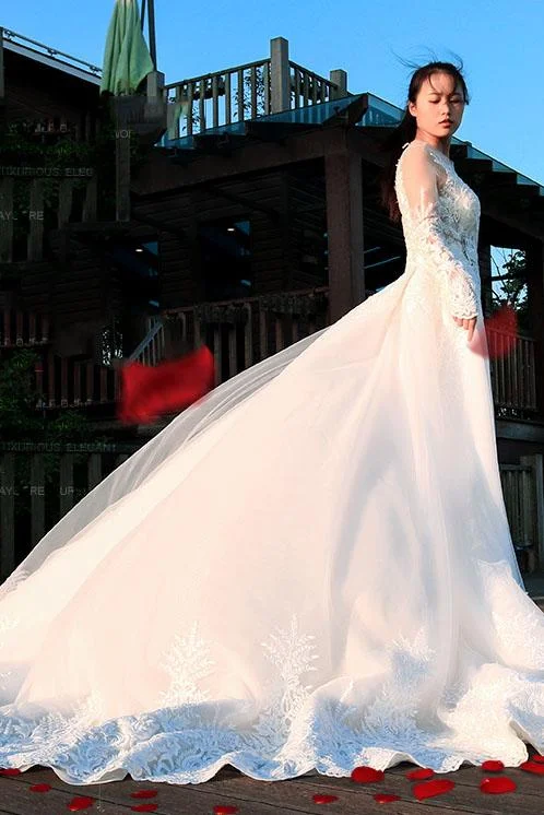 Gorgeous Long Sleeves Long Wedding Dress, V Neck Long Bridal Dress N2288