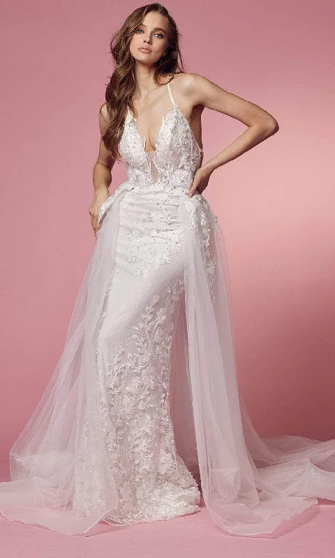 Nox Anabel Bridal F485W - V-Neck Embroidered Long Dress