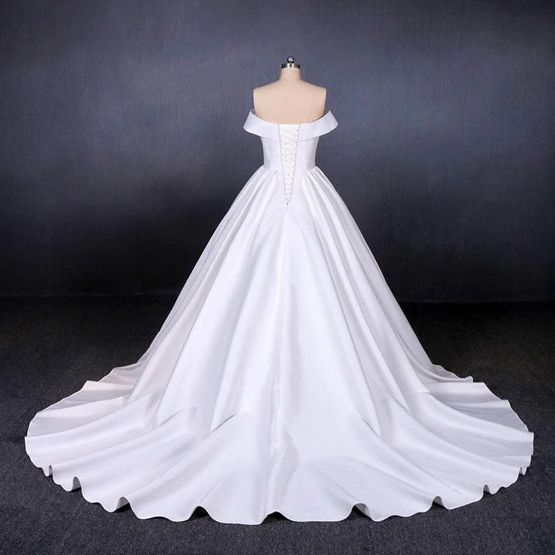 Puffy Off the Shoulder Satin Wedding Dress, Ball Gown Long Bridal Dress With Long Train N2286