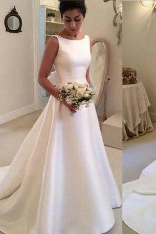 Classic Satin A Line Backless Wedding Dress,Long Backless Wedding Dress with Bowknot N27