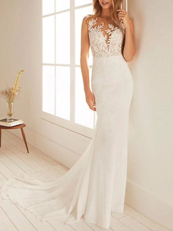 Simple Wedding Dress Mermaid Chiffon Jewel Neck Sleeveless Floor Length Beach Bridal Gown With Court Train