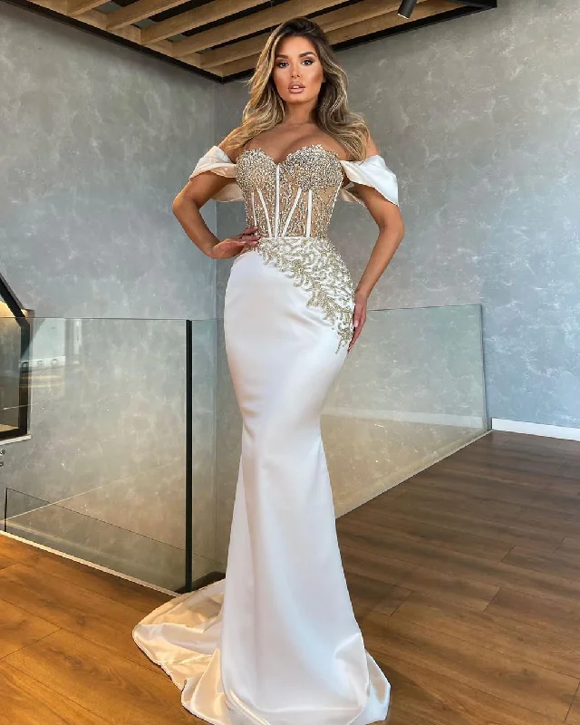 White Satin Dress with Silver Appliques