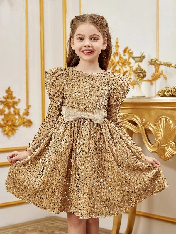 Tween Girls' Gigot Sleeve Bow Decor Sequin Midi Dress