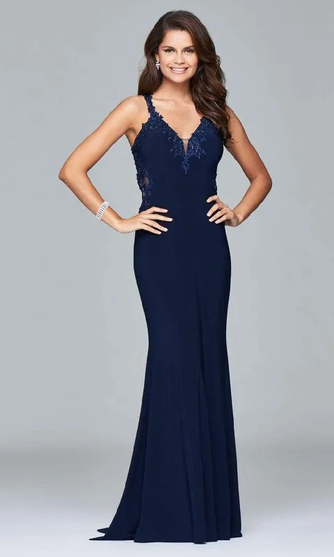 Faviana - s7999 Long jersey v-neck dress with side applique