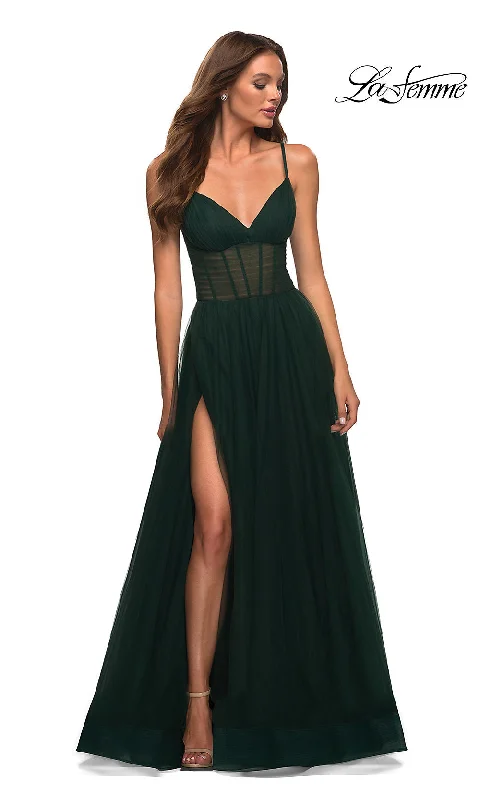 Sheer-Waist Long A-Line Prom Dress by La Femme