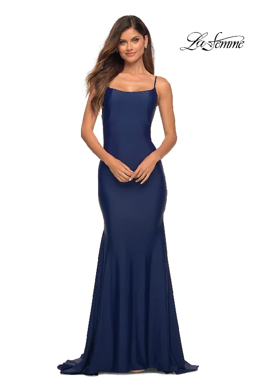 Low V-Back La Femme Long Prom Dress with Train