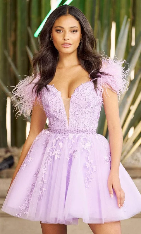 Sherri Hill 55656 - V-Neck Feathered Sleeve Cocktail Dress