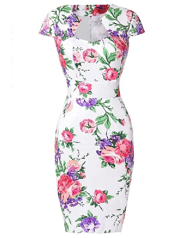 2022 50s 60s Womens Summer Floral Retro Vintage Dresses Wear to Work Business Office Party Sheath Bodycon Pencil Dress