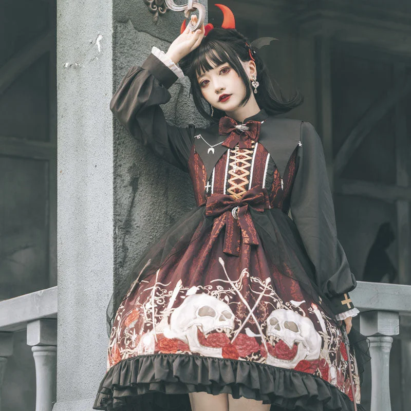 Black Skull Print Long Sleeve Gothic Lolita Dress