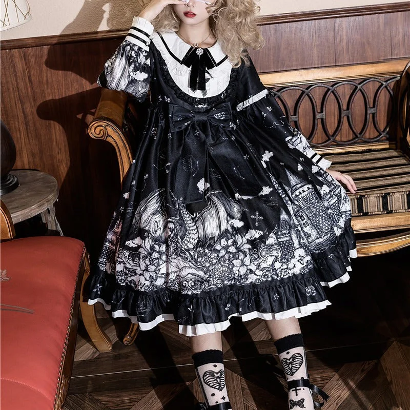 Bow Ruffle Doll Collar Print Gothic Lolita Dress