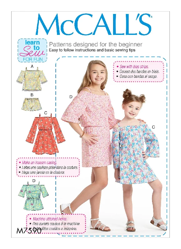 MCCALL'S PATTERN CHILDREN'S/GIRLS' OFF-THE-SHOULDER TOP, DRESS AND ROMPER WITH SLEEVE VARIATIONS 7590