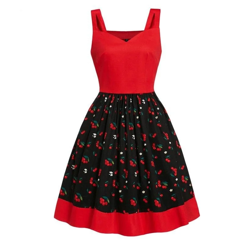 Retro Cherry Print Pin Up Style Red Pleated Spaghetti Strap Pockets Fit and Flare Cotton Vintage Dress