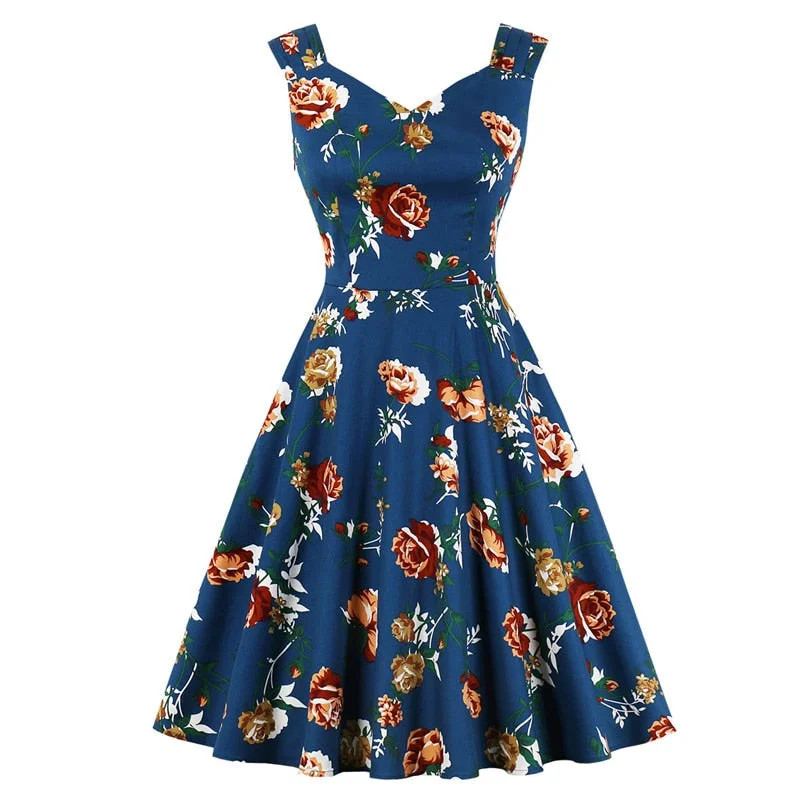 Ruched Shoulder Floral Rockabilly 50S 60S Vintage Sleeveless Summer A Line Cotton Plus Size Dress