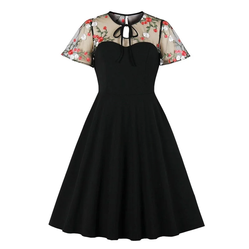 Short Sleeve Contrast Mesh Elegant Women Floral Embroidery Swing Tie Neck Pocket Side Summer Vintage Dress