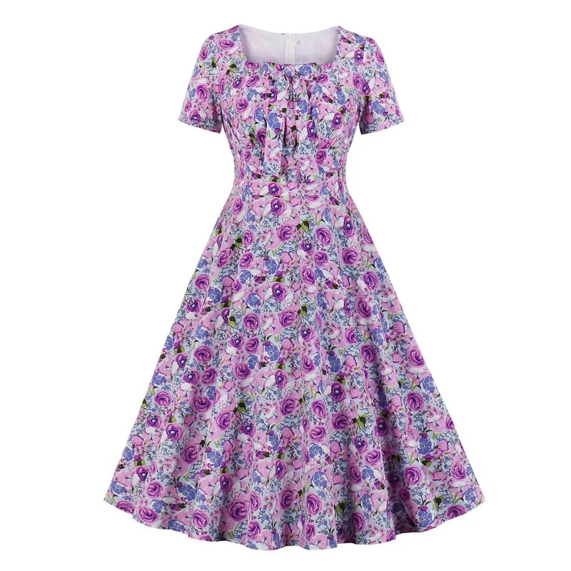 Square Neck Bow Front Floral Vintage Summer Short Sleeve High Waist Robe Elegant Women A Line Swing Dress