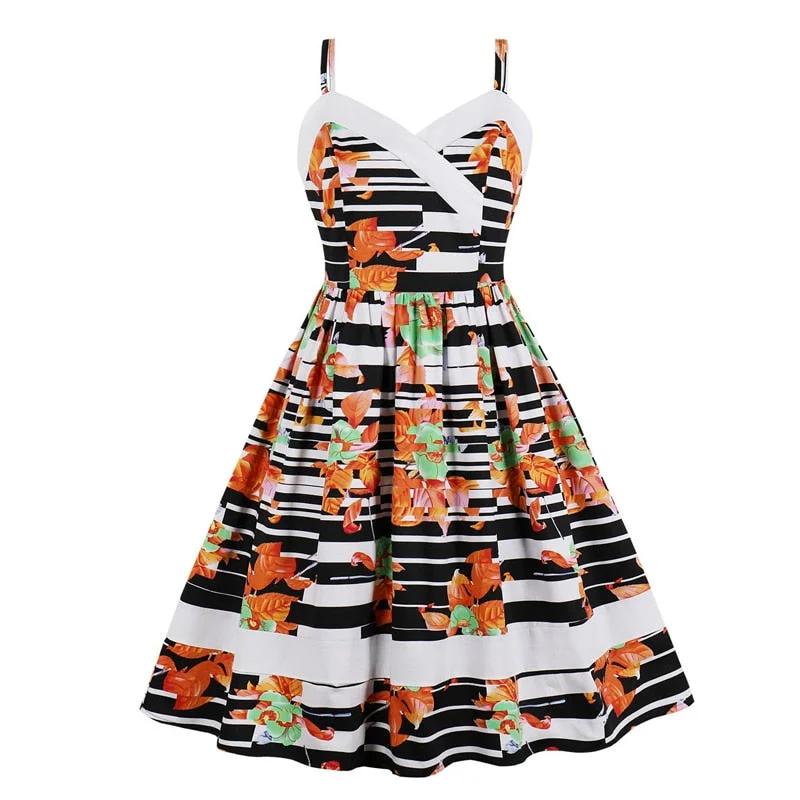 Streetwear Vintage Floral Print High Waist Rockabilly Party Dresses Women Spaghetti Strap 50s 60s Retro Pleated Dress Summer