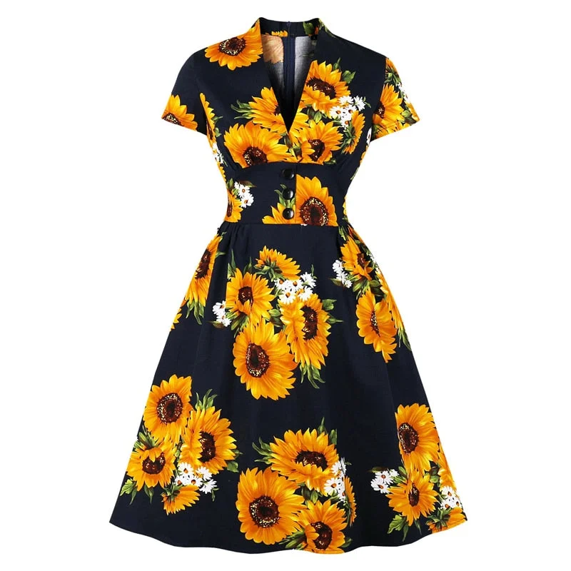 Sunflower Floral V Neck 50S Retro Robe Slim Elegant Plus Size Button Cotton Pinup Vintage Dress