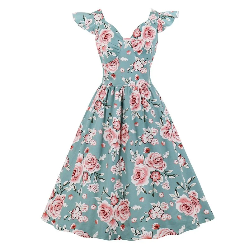 Sweetheart Neckline Ruffle Sleeve Vinatge Floral Pleated Cotton Fabric Pinup Elegant Party Summer Dress