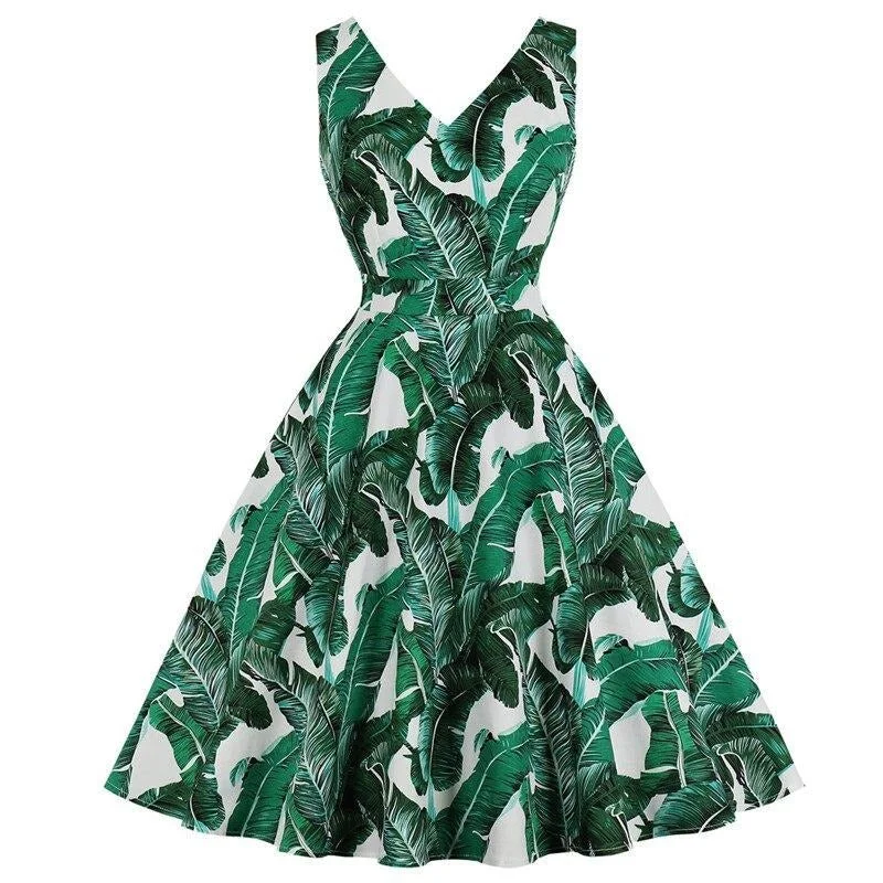 V-Neck Green Tropical Print Pin Up Style Retro Pocket Side 95% Cotton A Line Dress