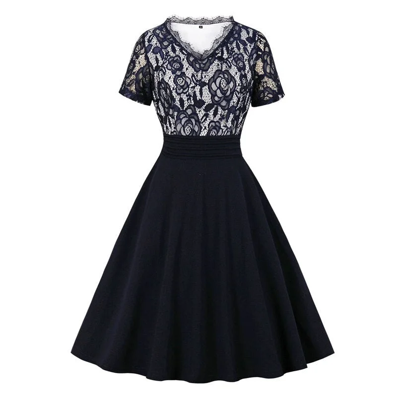 V Neck Short Sleeve Floral Lace Elegant Patchwork Navy Blue A-Line Vintage Summer Knee-Length Dress